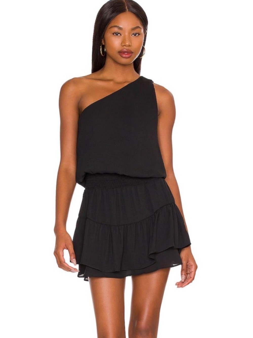 Asymmetric One-Shoulder Black Ruffle Mini Dress